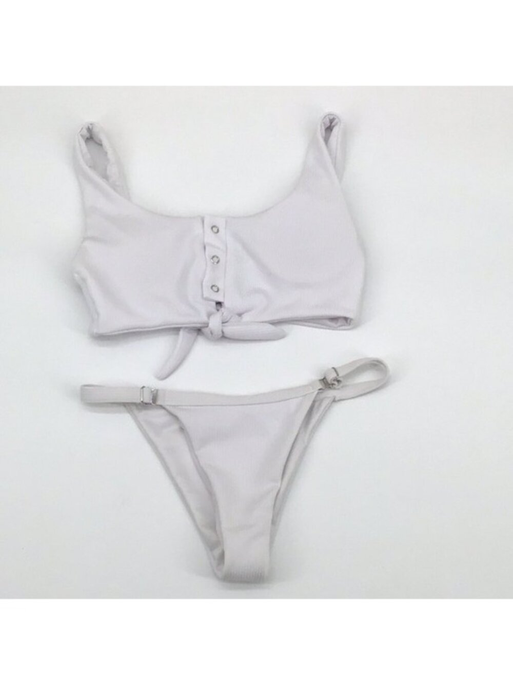 Womans M White Ribbed Snap Button Detailed String Bikini Set